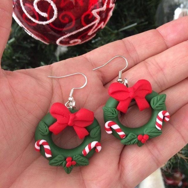 Boucles d'oreilles, Couronne de Noël, Bijou, Fimo, Noël