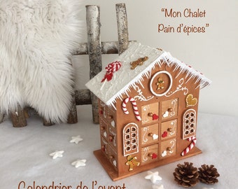 Calendrier de l'avent, Noël, en bois, "Mon chalet en pain d'épices", chalet, Maison, pain d'épices, sucre d'orge
