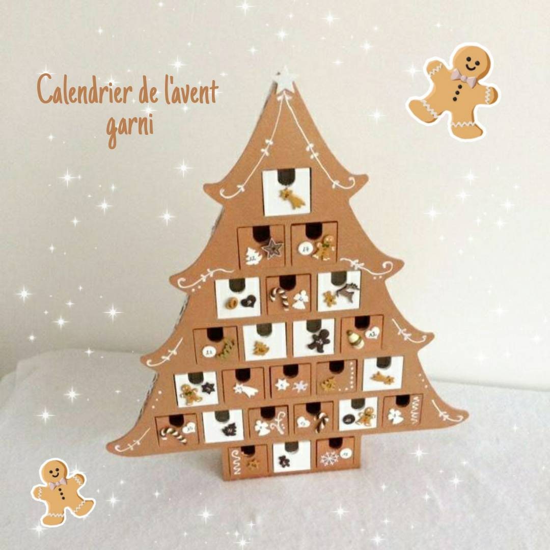 Calendrier de L'avent en Bois, Pain d'épices et Blanc