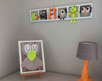 Children's room decoration, frame with figurines in felt, Brown animals fluorescent yellow, orange, beige, birthday gift