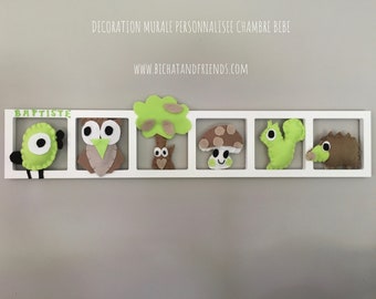 Room decoration baby, wall frame, green animals and taupe, birthday gift