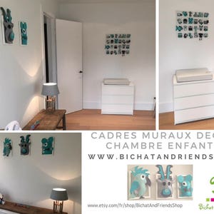 Deco tendance, chambre enfant ,cadres mural, figurines tons vert d'eau turquoise gris image 4