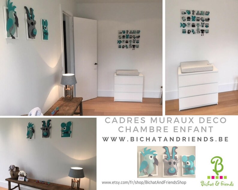 Deco tendance, chambre enfant ,cadres mural, figurines tons vert d'eau turquoise gris image 4