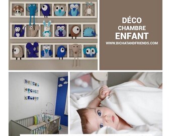 Deco tendance chambre enfant , personnalisable , cadre mural ,, figurines en feutrine - tons  turquoise gris beige taupe