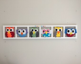 Wall decor room baby, multicolored owls, tones PEP, birthday gift