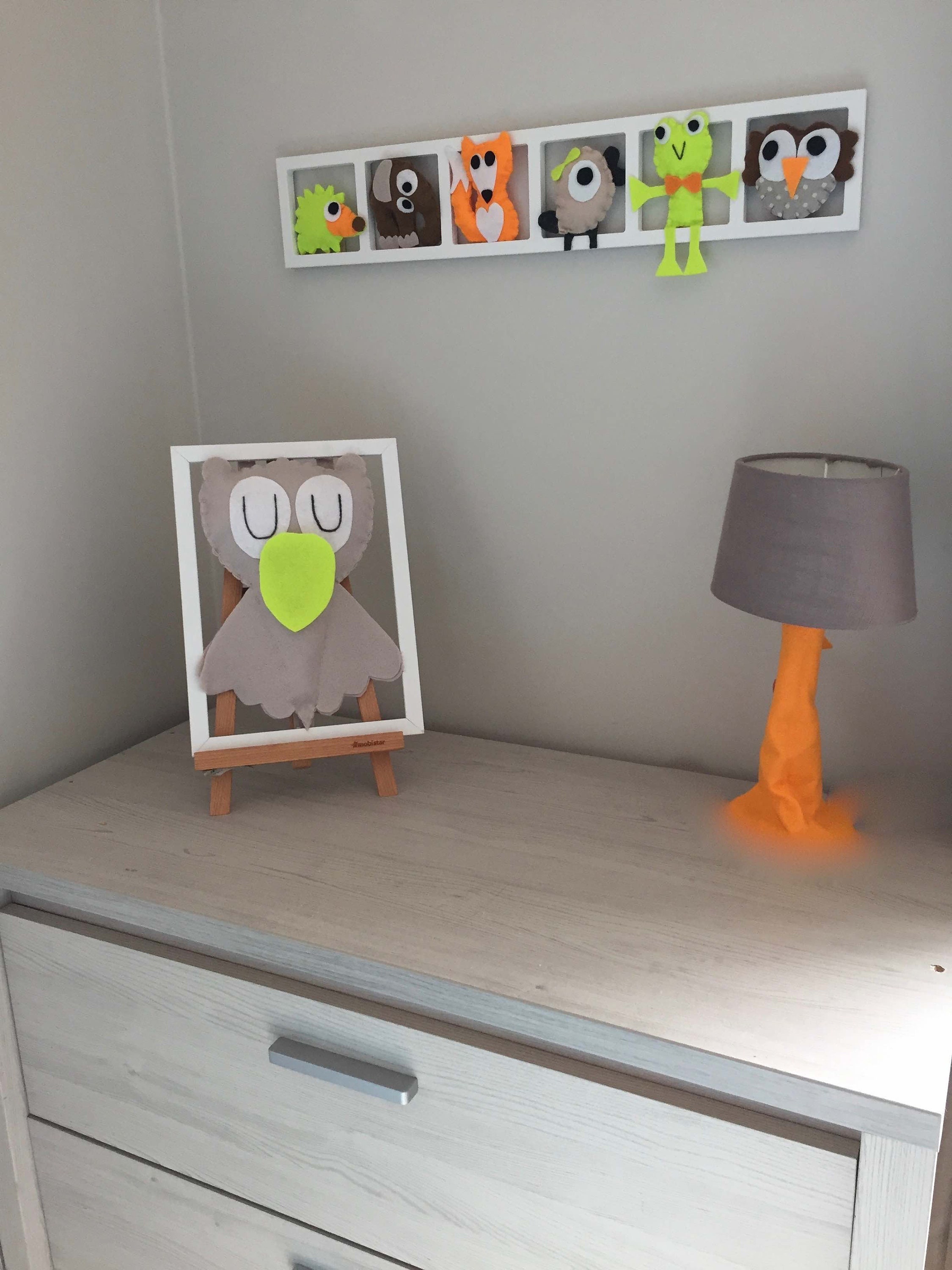 Décoration Chambre Enfant, Cadre avec Figurines en Feutrine, Animaux Brun Jaune Fluo, Orange, Beige,