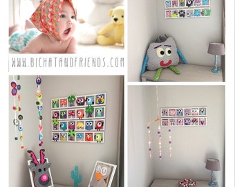 Decoration murale chambre bebe, hiboux oiseaux multicolores , tons peps , cadeau anniversaire original