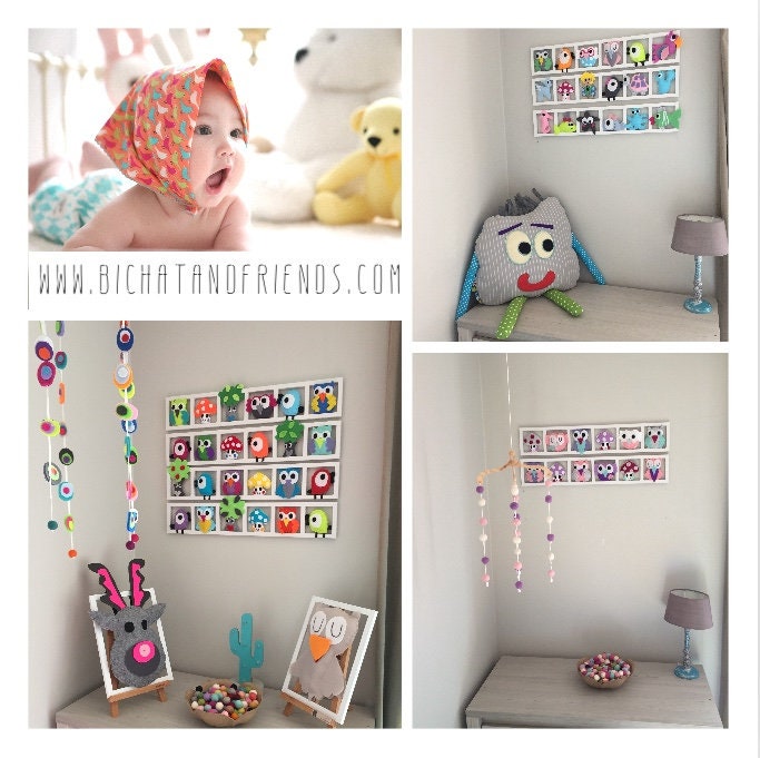 Decoration Murale Chambre Bebe, Hiboux Oiseaux Multicolores , Tons Peps Cadeau Anniversaire Original