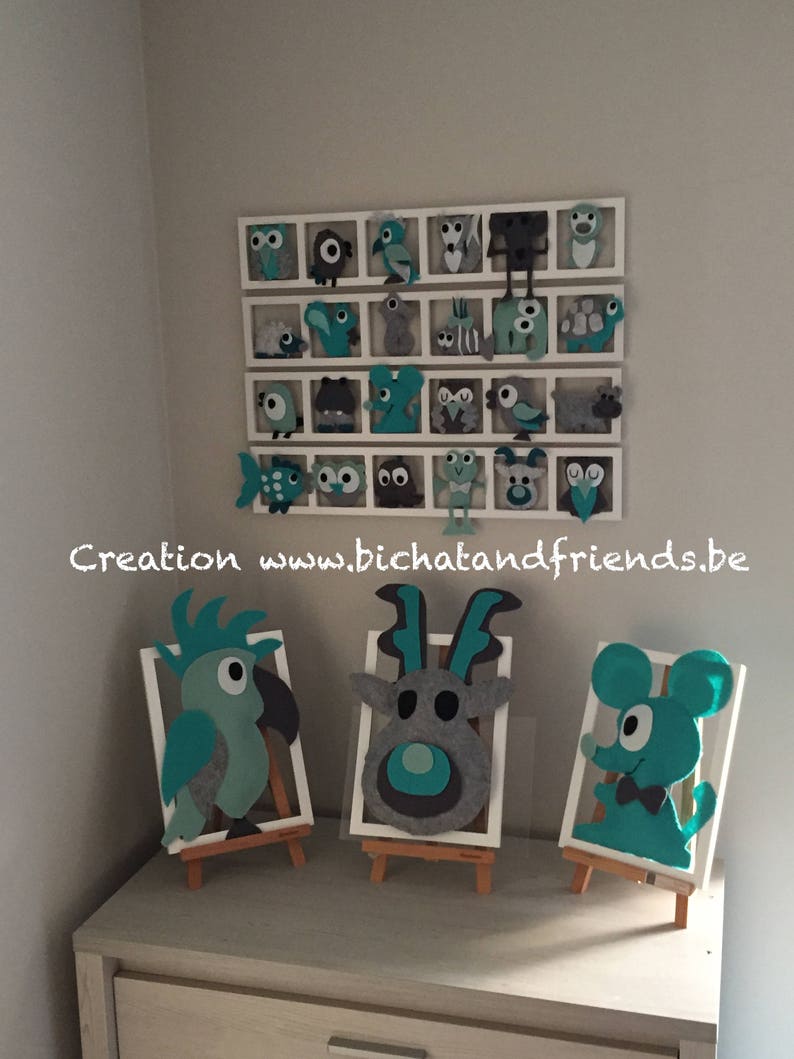 Deco tendance, chambre enfant ,cadres mural, figurines tons vert d'eau turquoise gris image 3