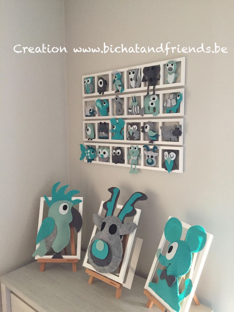 Deco tendance, chambre enfant ,cadres mural, figurines tons vert d'eau turquoise gris image 2