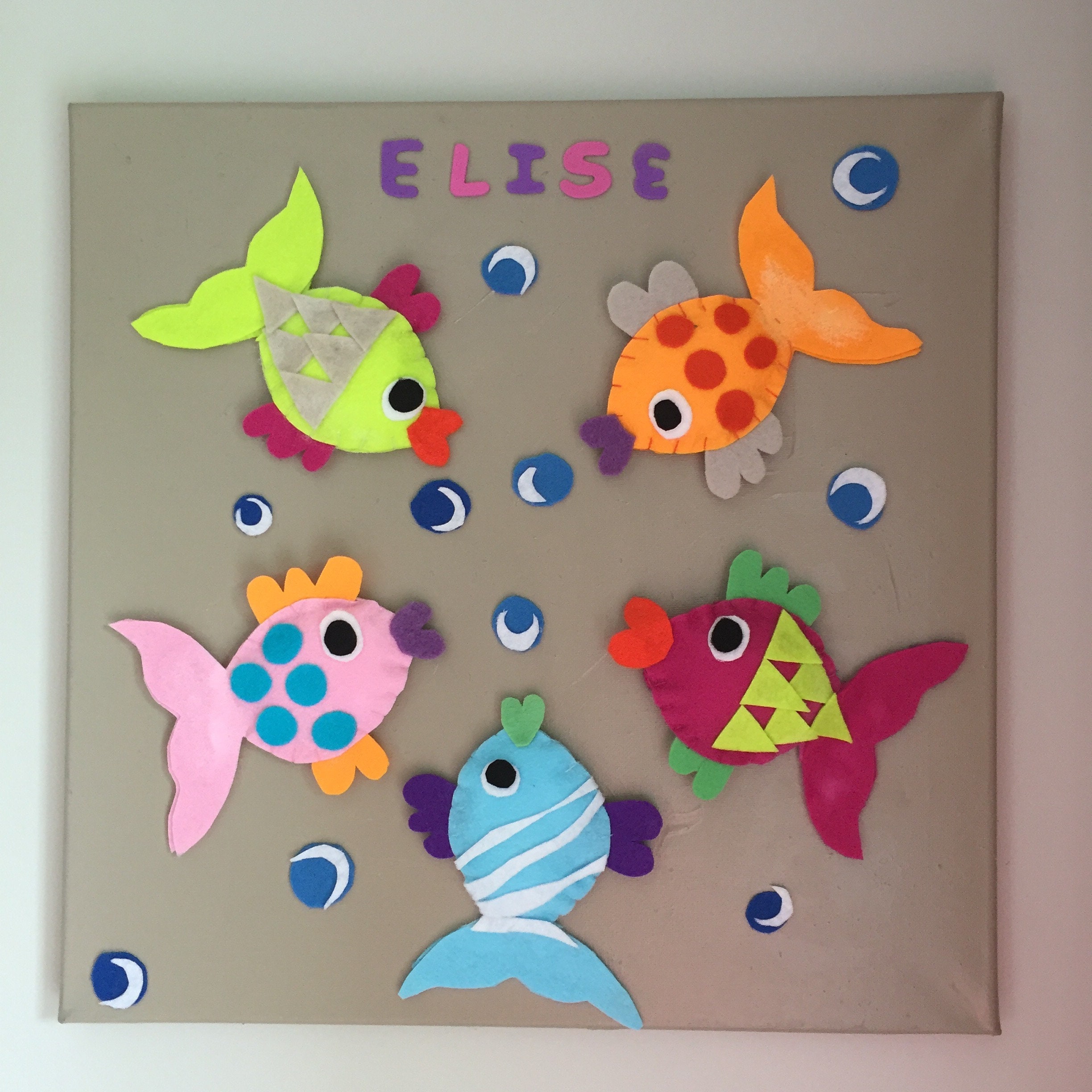 Déco Chambre Enfant, Toile Poissons 3D, Tons Bleu et Beige, Cadeau de Naissance Original