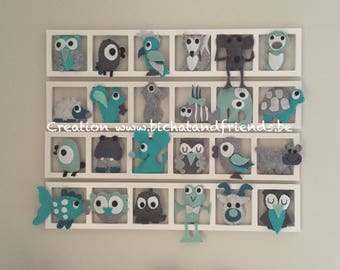 Deco tendance, chambre enfant ,cadres mural,  figurines tons vert d'eau turquoise gris