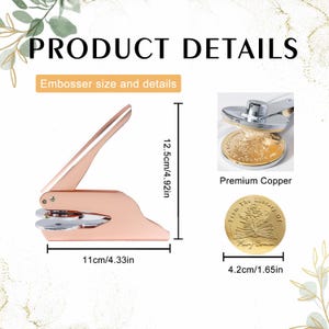May include: A rose gold metal embosser with a handle and a round embossing head. The embossing head is 4.2 inches in diameter and features the text "From The Library of" with a floral design. The embosser is 12.5 inches tall and 11 inches wide.