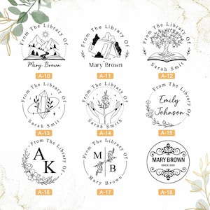 May include: A set of 18 black and white illustrations of book-themed rubber stamps. Each stamp features a different design, including mountains, a tent, a tree, a crystal, hands, flowers, initials, and a decorative design. The stamps are labeled with the text "From The Library Of" and the name of the person or couple the stamp is for.
