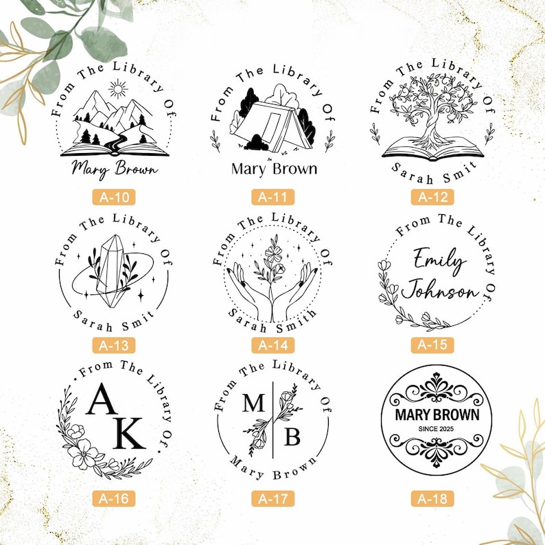 May include: A set of 18 black and white illustrations of book-themed rubber stamps. Each stamp features a different design, including mountains, a tent, a tree, a crystal, hands, flowers, initials, and a decorative design. The stamps are labeled with the text "From The Library Of" and the name of the person or couple the stamp is for.