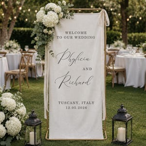 Custom Linen Wedding Sign, Fabric Wedding Sign with Ribbon, Welcome Sign for Wedding, Engagement Sign, Bridal Shower, Linen Sign Printing