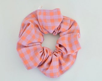 Orange and purple gingham scrunchie