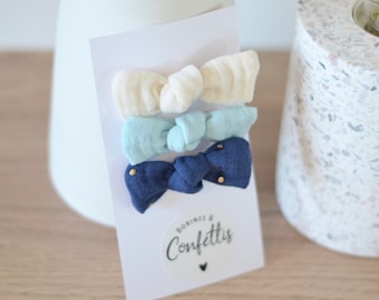 Lot de 3 barrettes / pinces en gaze de coton bleu