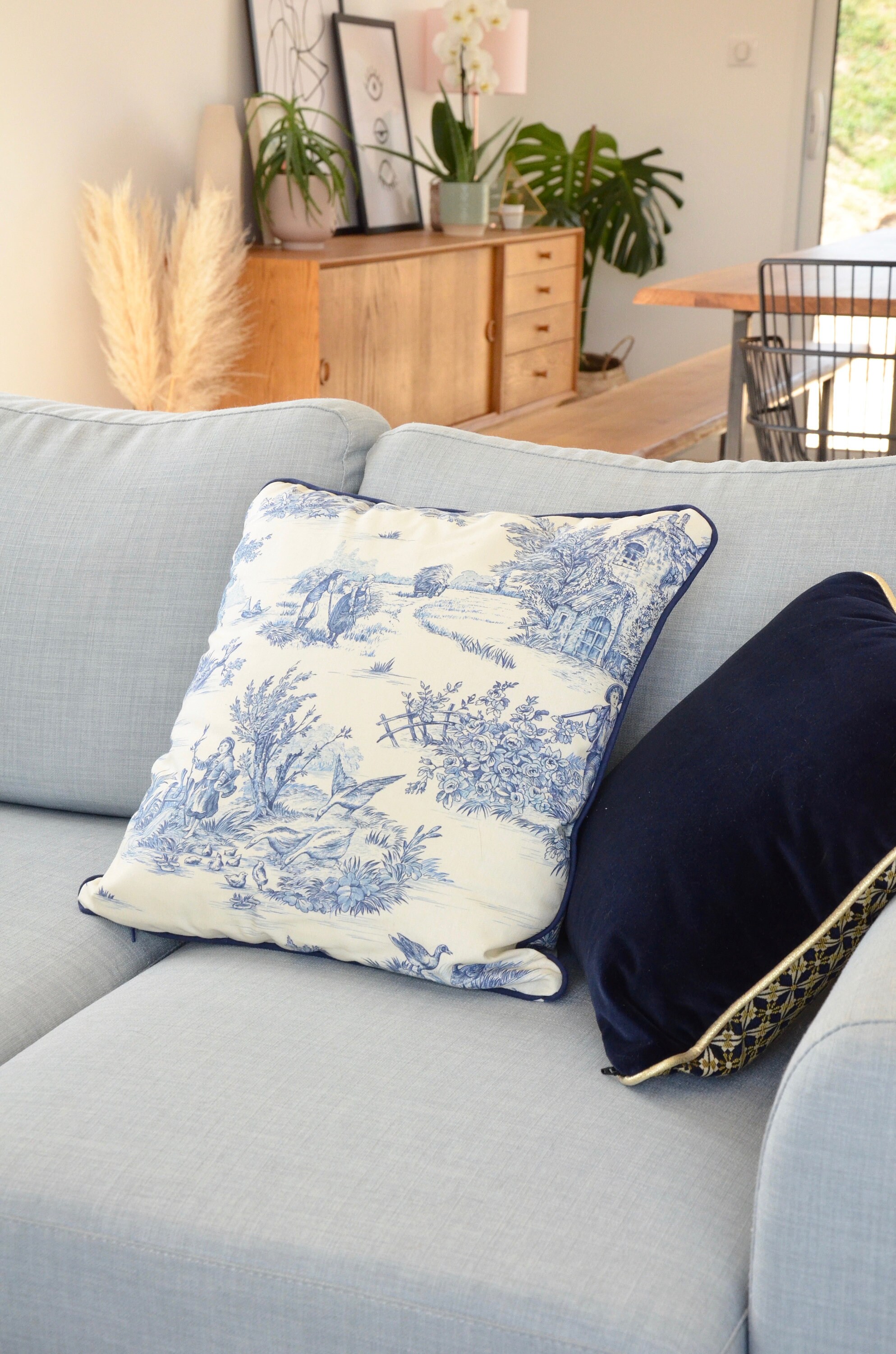 Housse de Coussin Toile Jouy Bleue