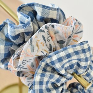 Blue and white gingham cotton gauze scrunchie image 5