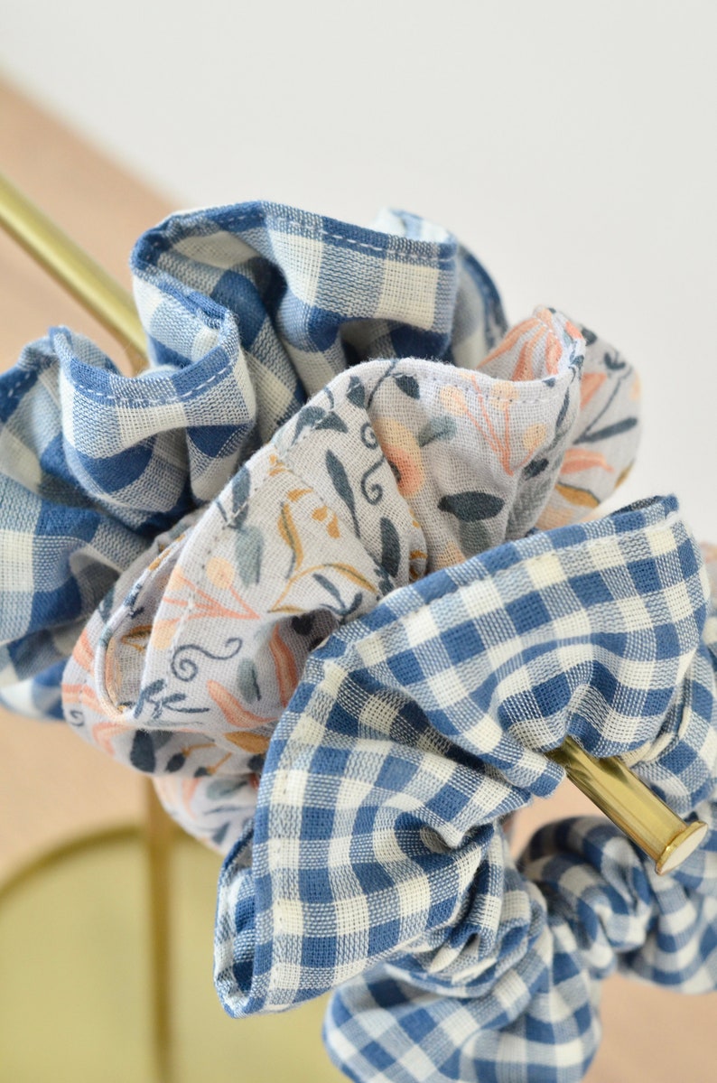 Blue and white gingham cotton gauze scrunchie image 5