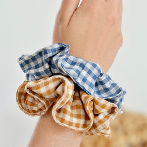 Blue and white gingham cotton gauze scrunchie image 1