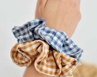 Blue and white gingham cotton gauze scrunchie