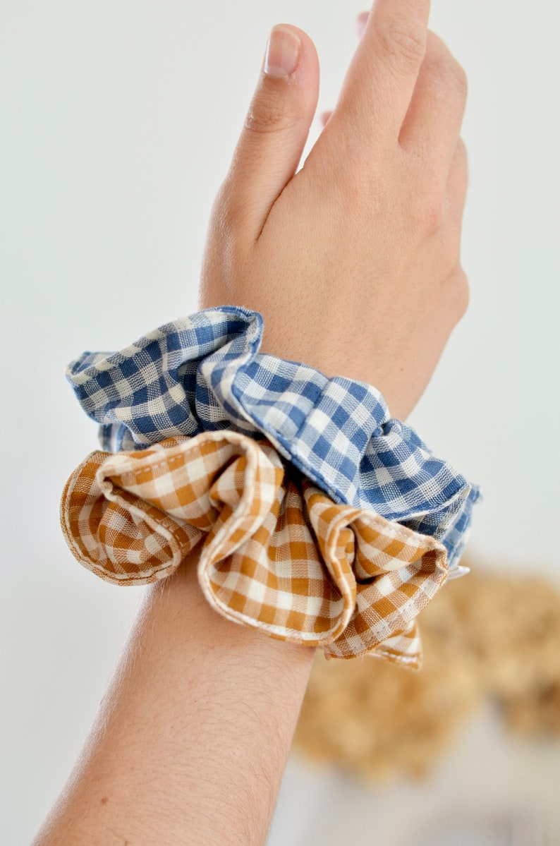 Blue and white gingham cotton gauze scrunchie image 1