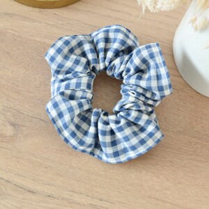 Blue and white gingham cotton gauze scrunchie image 2