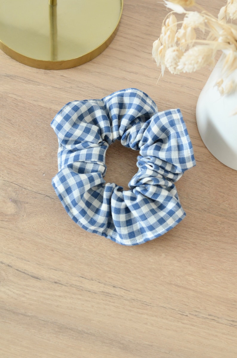 Blue and white gingham cotton gauze scrunchie image 2