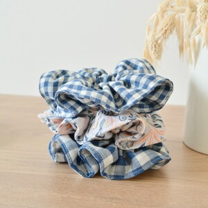 Blue and white gingham cotton gauze scrunchie image 4