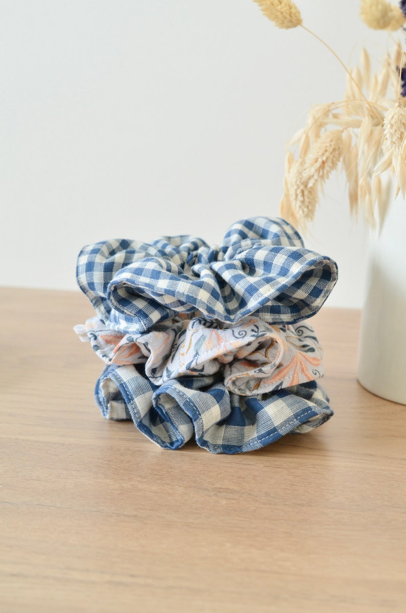 Blue and white gingham cotton gauze scrunchie image 4