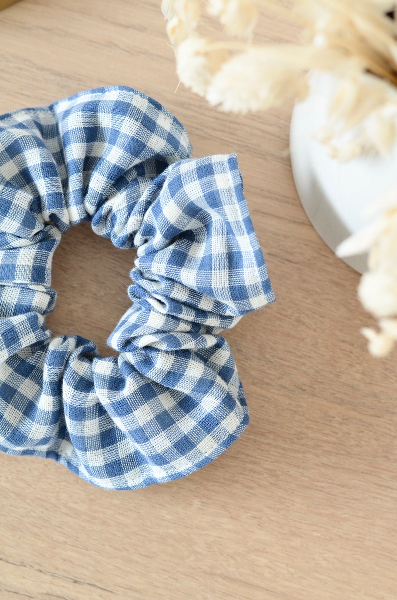 Blue and white gingham cotton gauze scrunchie image 3