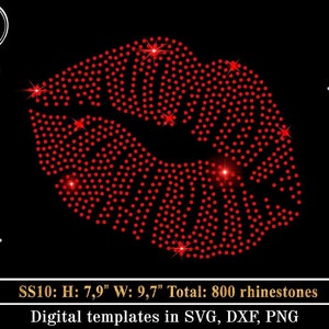Rote Lippen Strass Vorlage SVG, rote Lippen Kuss SVG, Bling Schmuck, Kristalle, Strass-Shirt-Design, Cricut Schnittdatei