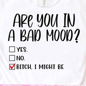May include: White t-shirt with black text that reads "Are you in a bad mood?" with a checkbox list below that reads "Yes", "No", and "Bitch, I might be". The checkbox next to "Bitch, I might be" is checked.