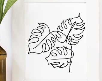 Monstera plante feuilles Svg une ligne Art Svg coupe fichier plantes tropicales exotiques feuille Svg Oneline dessin svg chemise féminine impression Cricut PNG