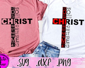 May include: Two t-shirt designs featuring a cross with the text "I can do all things through Christ who strengthens me" and "Philippians 4:13". The shirts are pink and white.