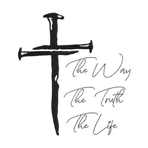 以下が含まれることがあります： 十字架の白黒イラスト。その下に「The Way, The Truth, The Life」というテキストがあります。