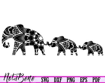 Mandala Elephants SVG Floral Elephant Mom Son Baby Elephant Mom and Two Babies SVG Cut Cricut Boho Elephant Vector Papercut Template Dxf