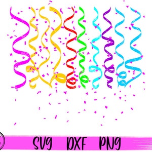 May include: A digital design of colorful confetti and streamers, perfect for a party or celebration. The design features pink, yellow, red, green, blue, and purple streamers with pink confetti.