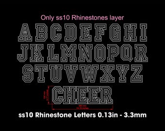 Pode incluir: Fundo preto com letras do alfabeto de strass brancos e a palavra "CHEER". O texto "Only ss10 Rhinestones layer" está no topo. As letras têm 3,3 mm de altura e a palavra "CHEER" tem 36,0 cm de largura.