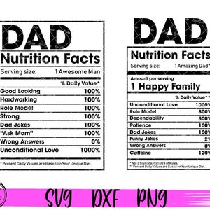 DAD Nährwerte 2 SVG Schnittdatei, Papa Nährwerte svg, lustige Vatergeschenk svg, Vatertags svg Cricut Sublimation PNG