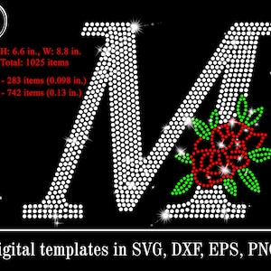 Floral Letter M Rhinestone Template SVG, Diamond Bling Monogram, Rose Alphabet Letter M, Rhinestone Cricut, Shirt Design, ss10 ss6 stones