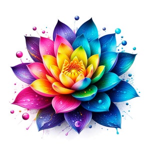 Pacchetto di 12 PNG di fiori di loto colorati, Clipart di loto, Schizzi di vernice, Acquerello arcobaleno, Trasferimento a sublimazione png
