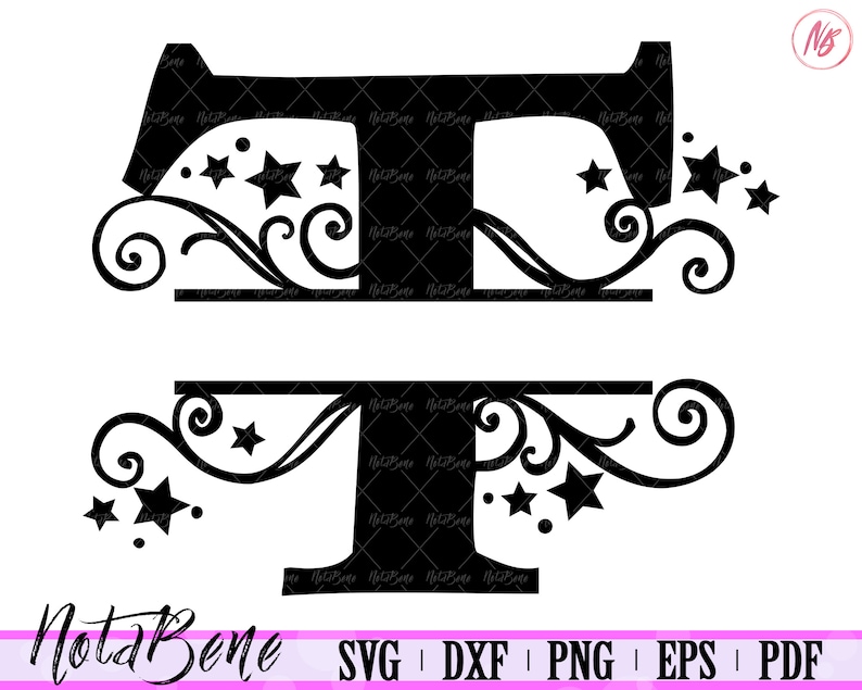 Download T Split Monogram SVG Swirls Stars Split Letter T SVG ...