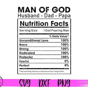 L'homme de Dieu valeur nutritive SVG, papa mari papa valeur nutritive svg, fichier de coupe Cricut coupe Cricut de fête des pères chrétien foi, sublimation PNG