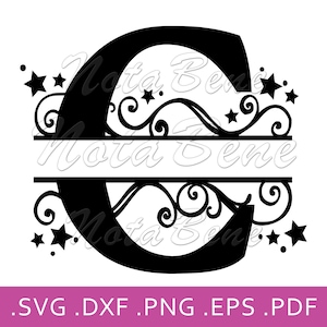 Monogramma diviso SVG Elegante lettera C divisa SVG Vortici Stelle Diviso Iniziale C Alfabeto Cricut Segno di legno C Decorazione Lettere Tagliate Lettera di nozze C