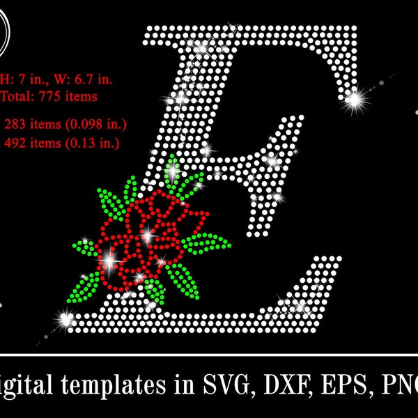 Floral Monogram E Rhinestone Template SVG, Diamond Bling Letter, Rose Alphabet Letter E, Rhinestone Cricut, Shirt Design, ss10 ss6 stones