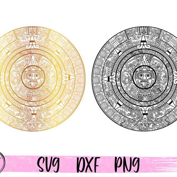 Aztec Sun Stone Calendar SVG, Maya Mayan Calendar Svg, Tribal Mexico, Vector Cut File Cricut, Silhouette, Sublimation PNG