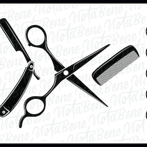 May include: Black and white illustration of a barber's tools: a straight razor, scissors, and a comb.